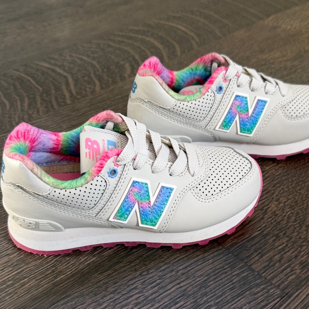 New Balance Kids' Sneakers in White and Pink with Blue Accents